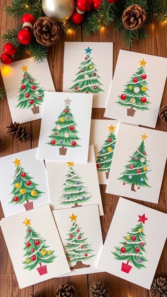 A variety of creative Christmas cards with Christmas tree designs on a wooden table.